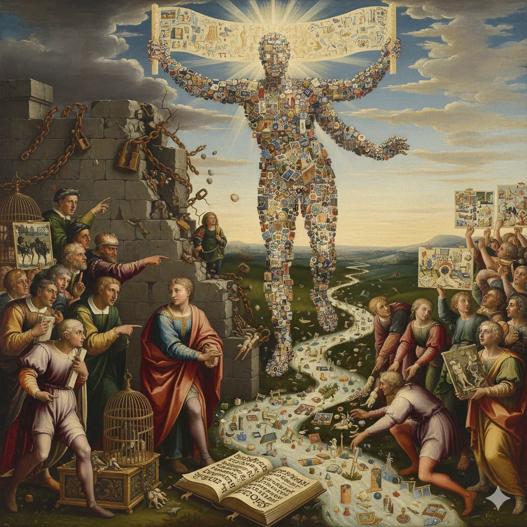Renaissance-style infographic with scenes of painting, music, and writing, titled around AI art and copyright.