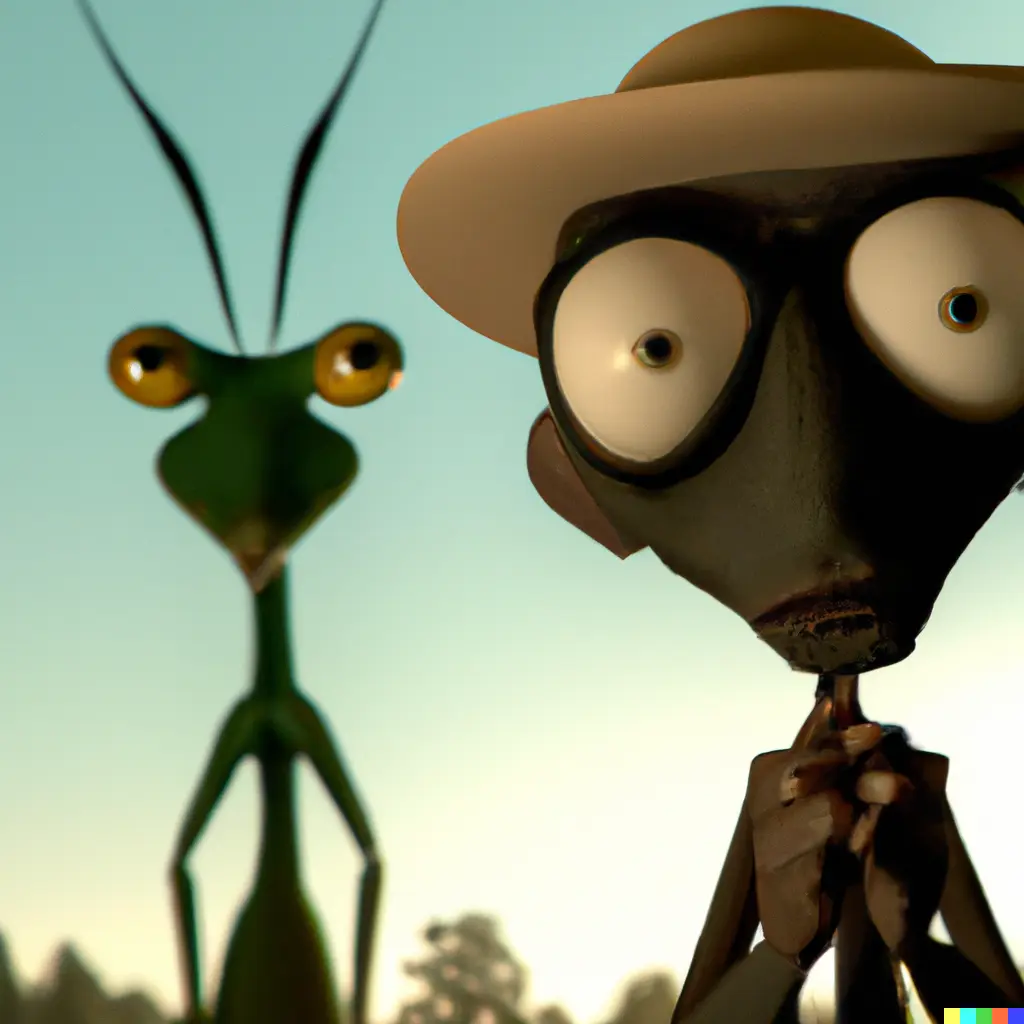 Stylized praying mantis dressed as a detective, looking over its shoulder.