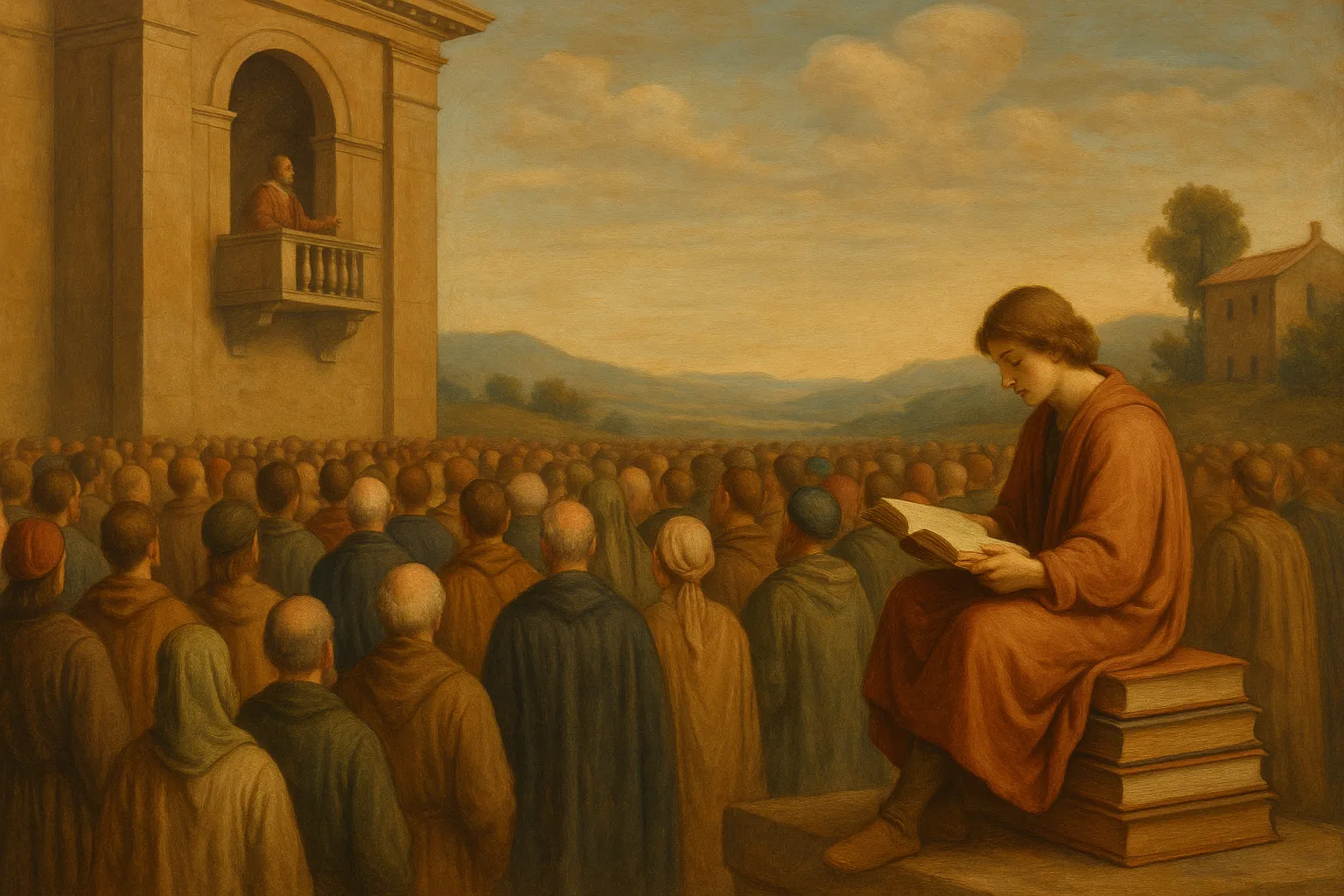 Renaissance-style collage of painters, printers, and readers under the title The Infinite Mirror.