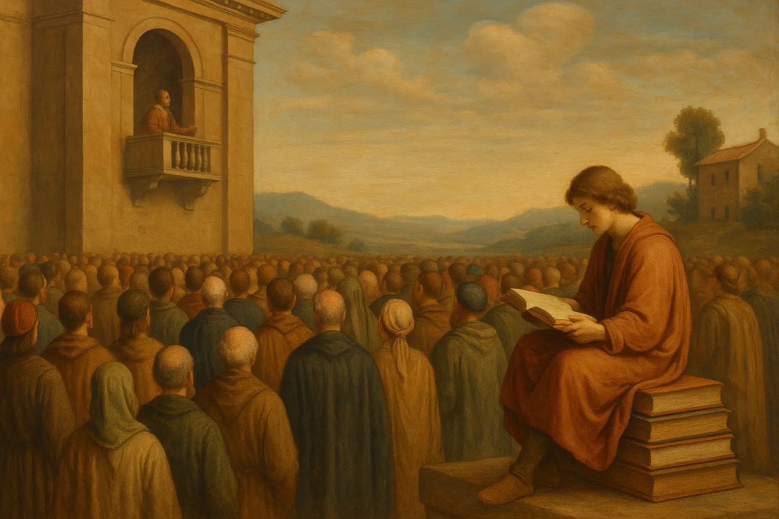 Renaissance-style collage of painters, printers, and readers under the title The Infinite Mirror.