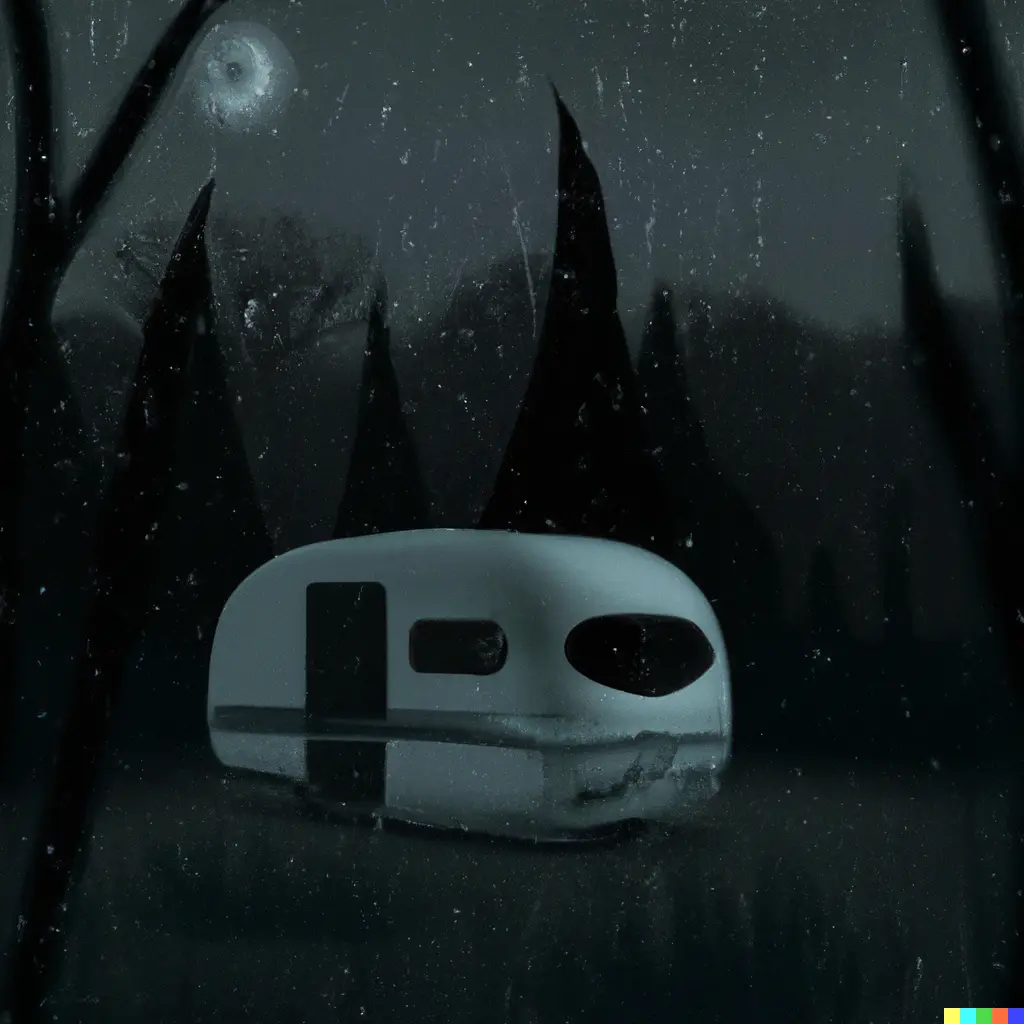 Night scene of a pale teardrop camper in a dark forest clearing.